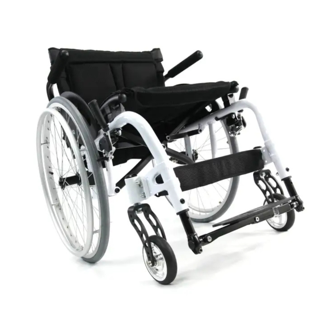 The Karman S-Ergo ATX Active Wheelchair is an ultralight, ergonomic design weighing only 26 lbs with a black seat and white frame. It has large rear wheels and smaller front wheels for easy maneuverability, ensuring a superior strength-to-weight ratio for optimal comfort.